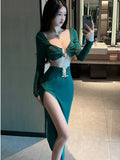 Poshoot Underwear New Sexy Strapless Long Sleeved Hollowed Out Long Two Piece Skirt Set Bandage Off Shoulder Top Fashion Sweet HS88