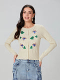 Poshoot 2025 Christmas Knit Cardigan For Women Long Sleeve Button Closure Embroidery Snowman Tree Casual Sweater