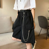 Poshoot Harajuku Chain Cargo Shorts Women 2024 Summer Big Pockets Wide Leg Shorts Woman Black High Waist Streetwear Shorts Female