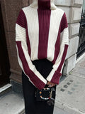 Poshoot Women Contrasting Vertical Stripes Knitted Sweater Elegant Turtleneck Long Sleeve Pullover Autumn Winter Lady Street Jumpers