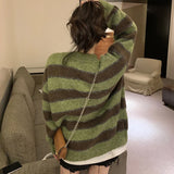 Poshoot Retro V Neck Green Stripe Cardigans Women Korean Chic Single Breasted Sweater Jackets Woman Streetwear Y2K Long Sleeve Cardigan