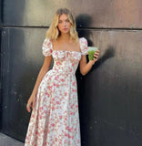 Poshoot-Suninheart Summer Square Neck Pink Floral Print Dress Elegant Midi Puff Sleeve Slim Dress for Party Holiday Women Dress 2024