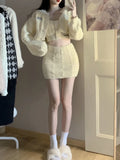 Poshoot Autumn Elegant 3 Piece Skirt Set Women Casual Long Sleeve Cardigan + Sexy Bodycon Y2k Crop Tops + Mini Skirts Knitted Suits