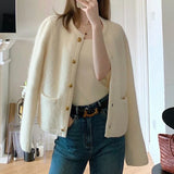 Poshoot Elegant Knitted White Jacket Women Round Neck Autumn Winter Fuzzy Cardigan Woman 2024 New Long Sleeve Sweater Jacket