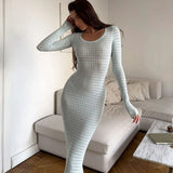 Poshoot Sexy Hollow Long Dress Women's High Street Long Sleeve Low Neck Knitted Dress Angora Red Slim Dress Lady Autumn Outfits