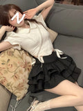 Poshoot Lolita 2 Piece Dress Set Women Causal Short Sleeve Solid Y2k Crop Top Office Lady Kawaii Black Skirt Korean Fashion Summer