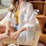 Poshoot White Chiffon Sun Proof Blouse Women Summer Loose Long Sleeve Casual Thin Shirt Woman Simple Solid All Match Beach Shirts Mujer