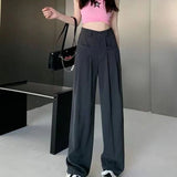 Poshoot High Waist Wide Leg Suit Pants for Women Korean Solid Straight Loose Trousers Woman All Match Pockets Casual Pants Laides