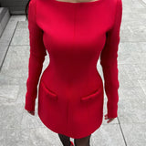 Poshoot Elegant Red Bow Mini Dress Women's Fashion Solid O-Neck Slim Long Sleeve A-Line Dress High Waist Patchwork Party Gowns