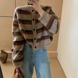 Poshoot Vintage Striped Cardigan Women Korean Style Round Neck Long Sleeve Sweaters Woman Button Up Short Knitting Cardigans