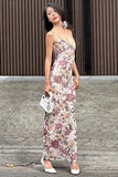 Poshoot Christmas Thanksgiving Gifts  Printed V Neck Sleeveless Spaghetti Strap Maxi Dress