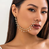 Creative Boho Fake Nose Clip Rings With Chain Long Tassel Stud Earrings for Women Luxury No Piercing Body Jewelry Accessories