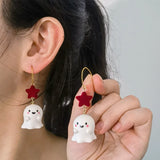 Poshoot Cute Resin Ghost Drop Earrings for Women Red Bowknot Star Ghost Earring Christmas Halloween Festival Party Jewelry Accessories