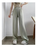 Poshoot-Women's Summer Acetate Ice Silk Wide Leg Pants Lady Summer Casual Solid Color Elastic Waist Loose Long Pants