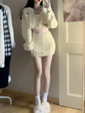 Poshoot Autumn Elegant 3 Piece Skirt Set Women Casual Long Sleeve Cardigan + Sexy Bodycon Y2k Crop Tops + Mini Skirts Knitted Suits