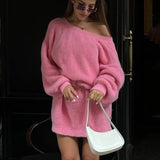 Poshoot Faux Mink Pullover Sweater Female V-neck Reversible Autumn Winter Lanter Sleeve Loose Midi  Knitted Sweater Solid Elegant