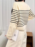 Poshoot Vintage Striped Knitted Sweater Women Beige Casual Cropped Cardigan Mujer Long Sleeve Knitwear Autumn Winter Jersey