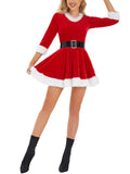 Poshoot Women Red Christmas Dress Santa Cosplay Costume Plush Trim Velvet Round Neck 3/4 Sleeve A-line Belt Dresses with Hat Outfit 2024