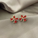 Poshoot New Style Temperament Red Color Christmas Bow Stud Earrings for Women Rhinestone Bowknot Red Ball Earring Girls Party Jewelry