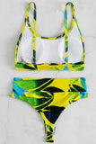 Poshoot-Yellow Floral Print Two Tone Two Piece Swimsuit