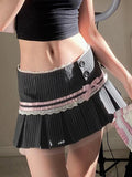 Poshoot-Vintage Aesthetic Lace Trim Bow Pleated Skirt