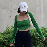 Poshoot Outfit . Elegant New Tops Women Slim and Thin Showing Navel Solid Color Bottom Shirt Gentle Long Sleeve Square Neck Short t-shirt