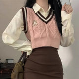 Poshoot Harajuku Sweet Pink Knitted Vest for Woman  Autumn New V-neck Sweater Vests Y2k Grunge Slim Fit Sleeveless Tops Mujer