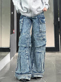 Poshoot American Vintage Multi-Pocket Wide Leg Jeans Women Stylish High Street Straight Leg Loose Jeans Harajuku Style Hip Hop Y2k Pants