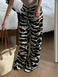 Poshoot nye outfits party outfits Sweetown Zebra Stripe Knitted Straight Pants Women Drawstring Elastic Waist Casual Loose Baggy Trousers Boho Vacation Outfits