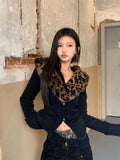 Poshoot American V-neck Leopard Print Fur Collar Cardigan Autumn Winter New Sweaters Coat Women Y2k Slim Fit Long Sleeve Tops Mujer