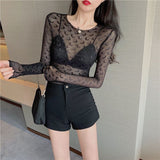 Poshoot Fashion Moon See Through Mesh Bottoming T-shirts  Summer Sexy Slim Fit Tops Women Y2k Grunge Long Sleeve Black Tee Shirt