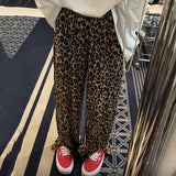 Poshoot Leopard Print Slit High Waist Wide Leg Pants Fashion Street Loose Casual Pants Retro All-match Trousers Streetwear Women