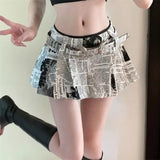 Poshoot American Printed Pleated Skirts  Autumn New Low Waisted A-line Skirt for Women Y2k Grunge Faldas Mujer Newspaper