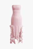 Poshoot Solid Color French Ruffle Hem Ruched Tube Maxi Dress