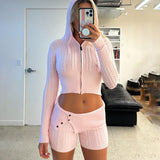 Poshoot outfit Knitted Hooded Two Piece Set Women Sweatshirt Set Long Sleeve Zipper Sweater Short Pant Solid Casual Tracksuit Suit