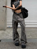 Poshoot Washed and Distressed Multi-pocket High-waisted Jeans Stylish High Street Straight Leg Wide Jeans Harajuku Hip Hop Y2k Pants