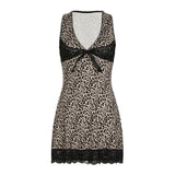 Poshoot nye outfits party outfits Leopard Lace Trim V-Neck Women Short Dresses Slim Sexy Gyaru High Fashion Bow Lace Up Camisole Dresses