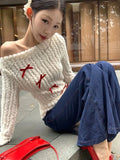 Poshoot Bow Off Shoulder White Knitted Sweater for Women  Early Autumn New Bottoming Tops Mujer Y2k Long Sleeved Pullovers T Shirts