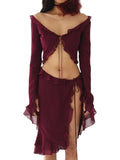 Poshoot Burgundy Chiffon Ruffled Trim Tie Front Long Sleeve Tee & Split Skirt Set