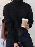 Poshoot Classic Solid High Neck Cable Knit Sweater