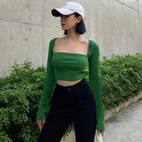 Poshoot Outfit . Elegant New Tops Women Slim and Thin Showing Navel Solid Color Bottom Shirt Gentle Long Sleeve Square Neck Short t-shirt