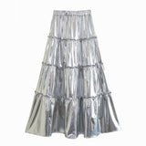 Poshoot outfit Summer New Women's Silver Metal Texture Medium Length Skirts High Waist A-Line Slim Large Skirt Hem Cake Skirt