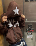 Poshoot-Letter Star Patched Zip Up Hoodie