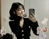 Poshoot Korean Fashion V-nck Long Sleeve Black Knitted Cardigan+ Y2k E-Girl High Waist Ruched Short Skirts  New Two Piece Sets