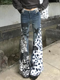 Poshoot American Vintage Washed Skull Leopard Print Micro-flare Jeans Fashion High Street Hot Girl Micro-flared Pants Y2k Trousers