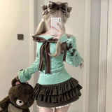 Poshoot Women's winter Sweater Sweet Sexy Kawaii knitting Pullover Bow Bandage Long Sleeves Slim Off-Shoulder Coat Lolita Cute Sweaters