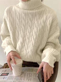 Poshoot Classic Solid High Neck Cable Knit Sweater