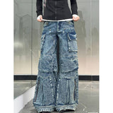 Poshoot American Vintage Multi-Pocket Wide Leg Jeans Women Stylish High Street Straight Leg Loose Jeans Harajuku Style Hip Hop Y2k Pants