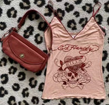 Poshoot Coquette Tops Y2k Pink Women Clothes T shirts Emo Corset Baby Tee Sexy Aesthetic Skull Vintage 90s goth Tank Lace top Crop Girls