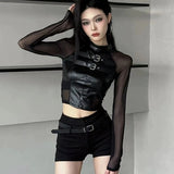 Poshoot Harajuku Sexy Crop Top Black Leather T-shirts  Autumn New Slim Fit Tee Shirt Y2k E-Girl Long Sleeve Mesh Tops Women